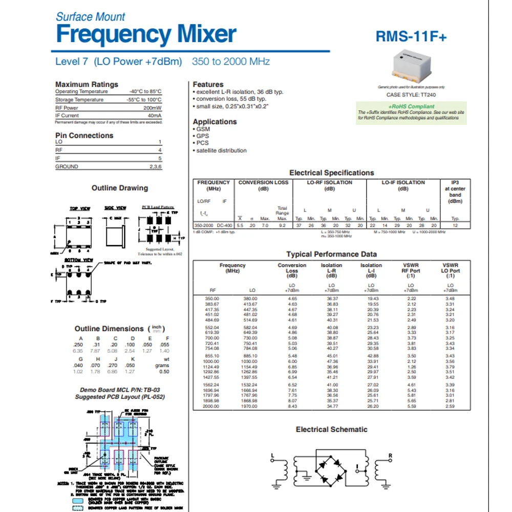 2 قطعة RMS-11X 5 - 1900 ميجا هرتز RMS-11F 350 - 2000 ميجا هرتز RF محول تردد SMT خلاط مزدوج متوازن