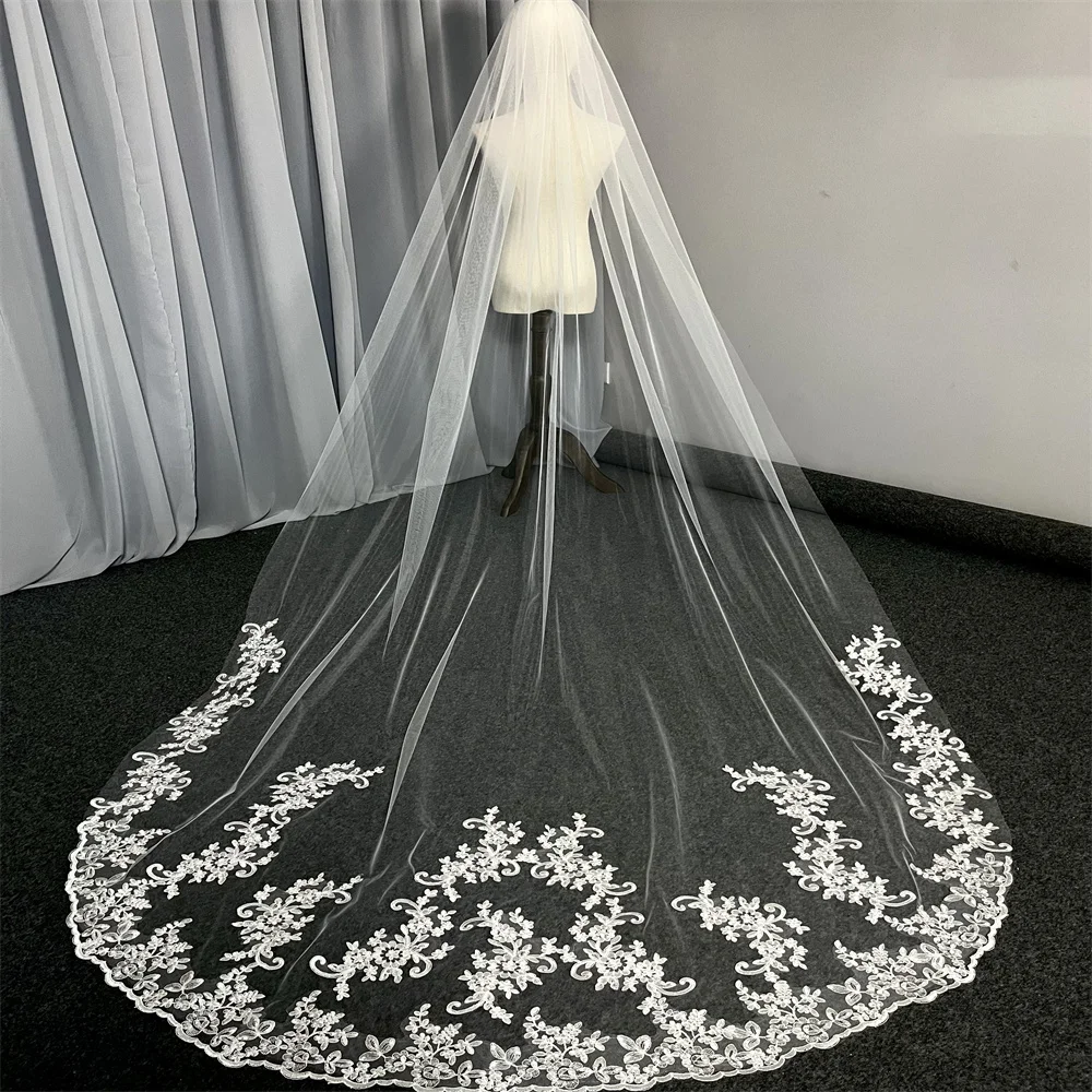 Real Photos Floral Wedding Veil Single Layer 3m Long Bridal Veil with Comb Ivory Cathedral Veil Wedding Accessories