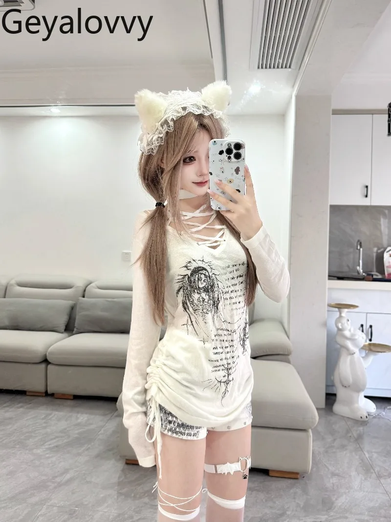 Japanische Original Neue Subkultur Spitze-Up Halter Gestrickte Dünne Pullover Frühling Herbst Neue Süße Mädchen Vielseitig Gedruckt Pullover