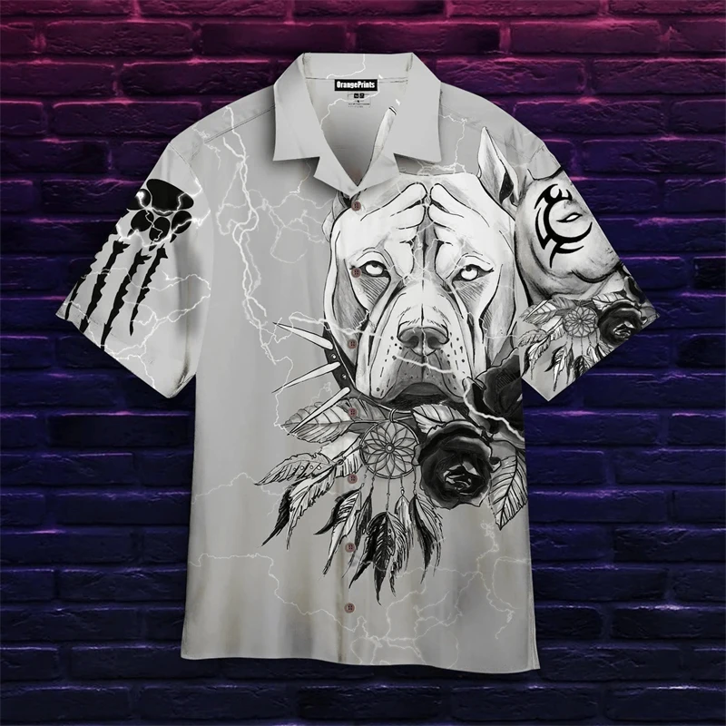 Cão Pitbull 3D masculino camisa havaiana, Animel praia camisa extragrande, roupas de manga curta, moda, verão Sale