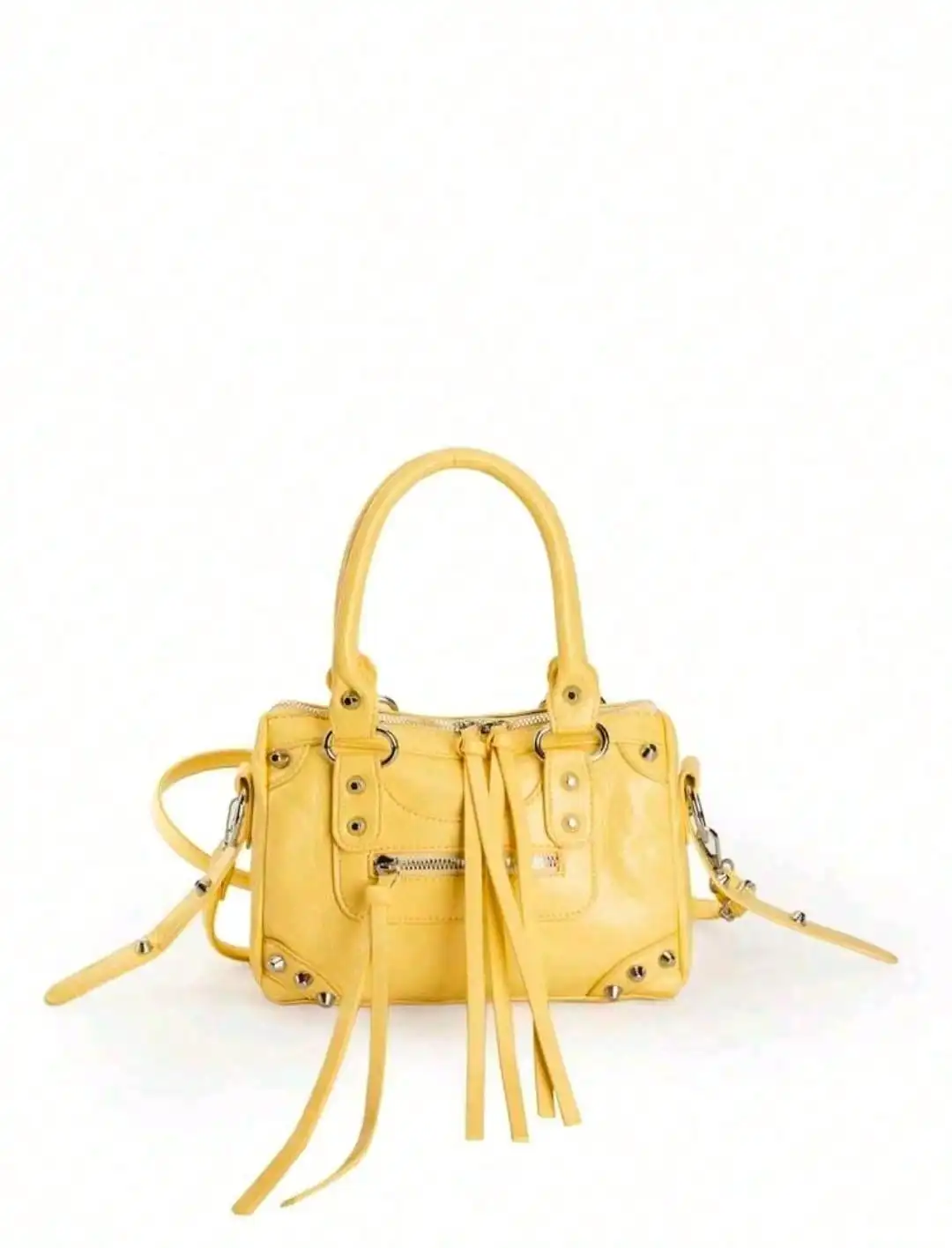 

Желтая сумка из искусственной кожи с ручкой, декорированная заклепками, бахромой и элементами на молнии