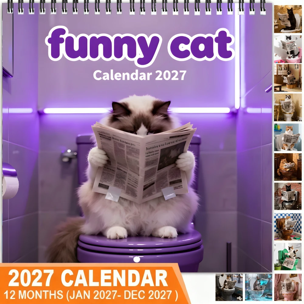 1pc Funny Cat Reading Newspaper Planner 2027 Wall Calendar - Spiral Bound Thick Coated Paper Suitable for Home or Office