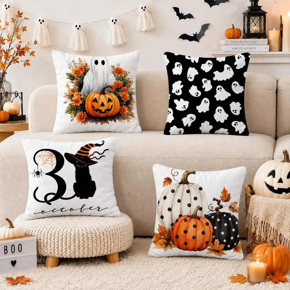 Halloween Party Ghost Pumpkin Cushion Cover Soft Short Plush Double-Sided Printing Sofa Home Decor Festival Pillow Case Gifts