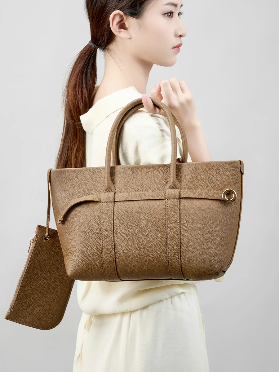 

Top Layer Cowhide Leather Large Capaci Women's Structured Tote Bag High-End Sensation Office Workers New Ladies Handbag
