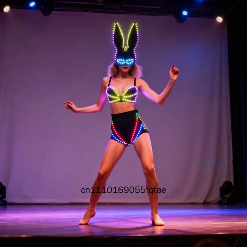Women LED Light Up Bra Panty Set Glow in Dark Electroluminescent Luminous Lingerie Rave Outfits for Nightclub Gogo Dance Costume