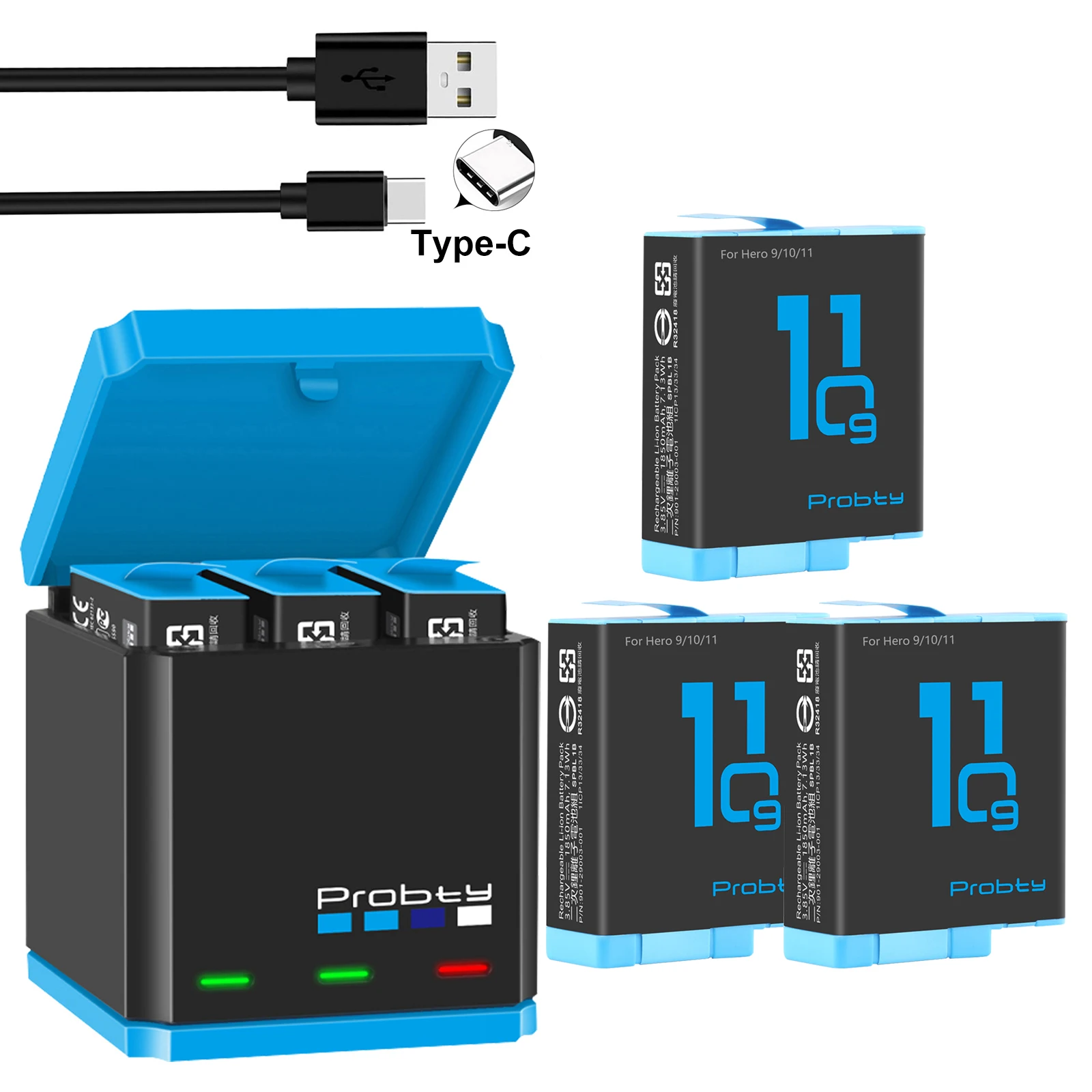 1850 mAh batterij voor GoPro Hero 10 + LED 3-slots oplader met Type-C poort voor GoPro Hero 12 Go Pro 10 hero 11 hero 9 sportcamera's