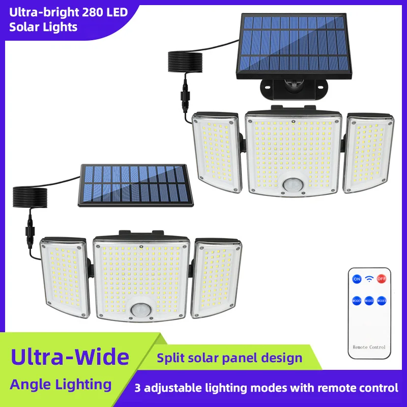 

Split Solar Panel Outdoor Security Lights 280LED Motion Sensor 3 Modes Waterproof Flood Lamp with Remote for Yard Garage Patio