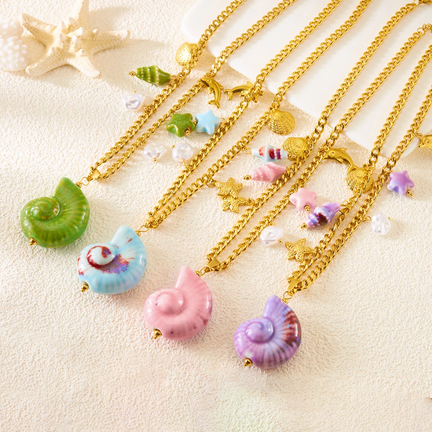 

316L Stainless Steel Beach Style Colorful Conch Pendant Necklace For Women Golden Starfish Shell Dolphin Neck Chain Jewelry