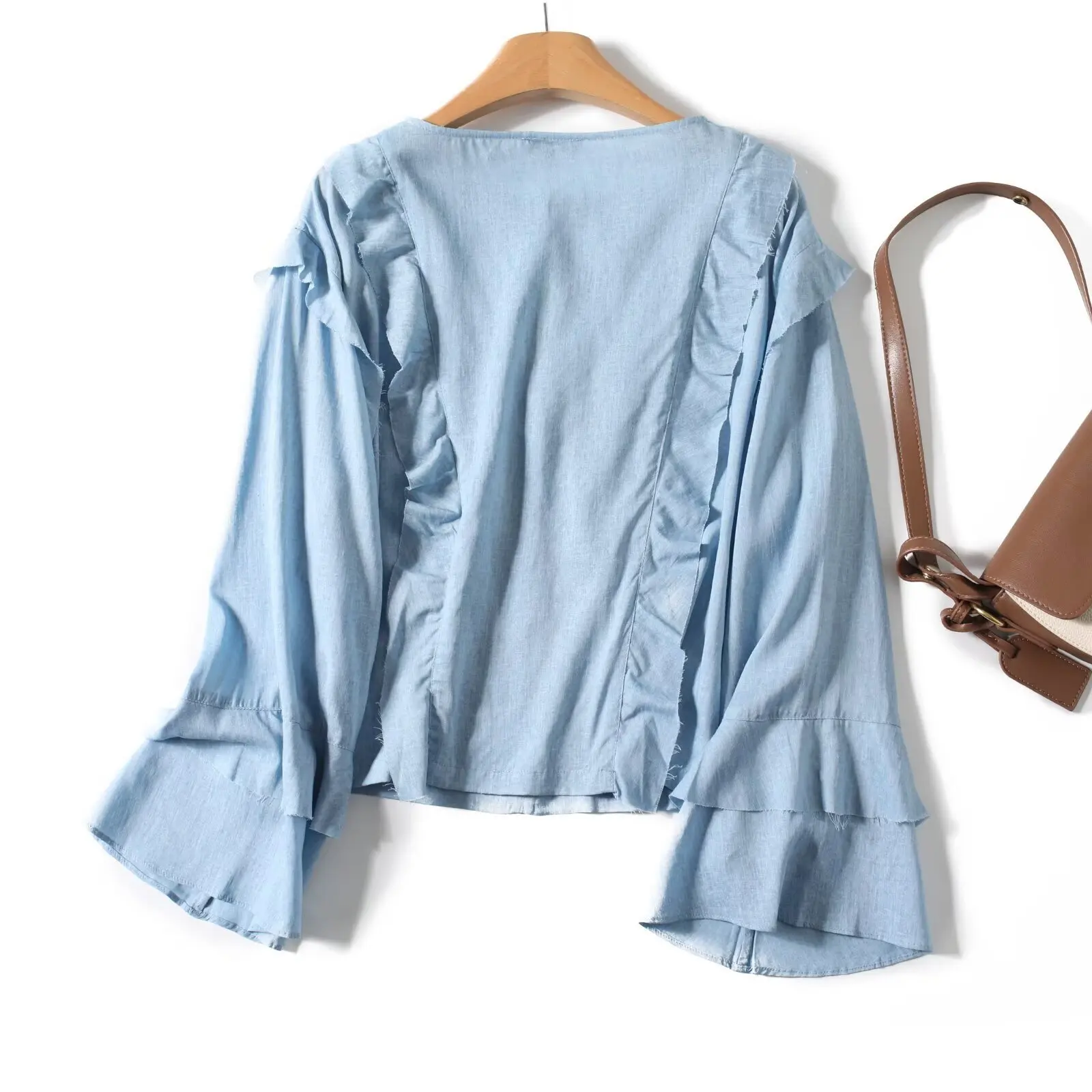 

Jenny&Dave French Elegant Layered Romantic Shirt Minimalist Sky Blue Long-sleeved Autumn Shirt For Women Fashion Blouse Top