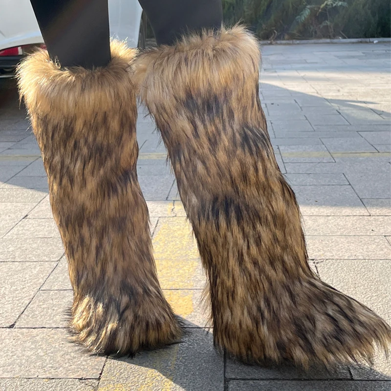 Winter Plush Knee High Boots Women Plush Imitation Fox Fur Long Warm Shoes Designer Luxury Knee-high Boots Fur Boots Girl