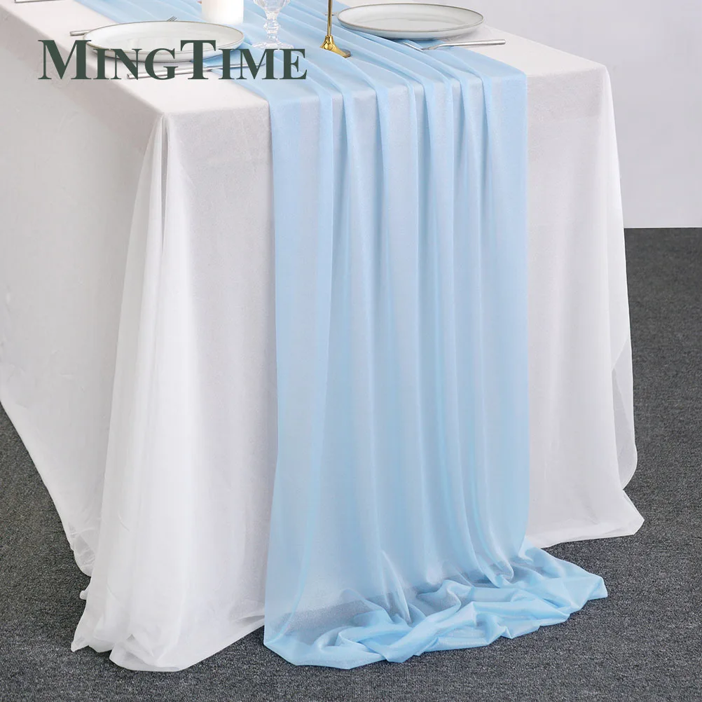 Table Runner Light Blue Sheer Chiffon Luxury Solid Rustic for Romantic Ceremony Reception Wedding Party Table Linen Decoration