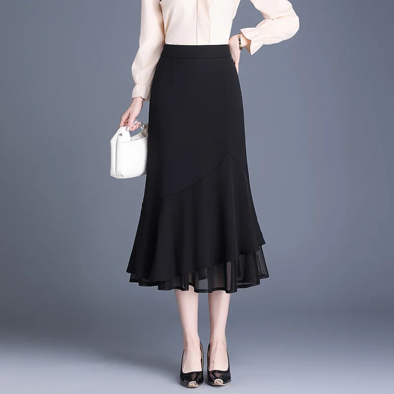 

High Waist Slimming Ice Silk f Skirt with Fi Tail Splice Me Belly Cover Spring Summer Commute Korean Sle Skirt