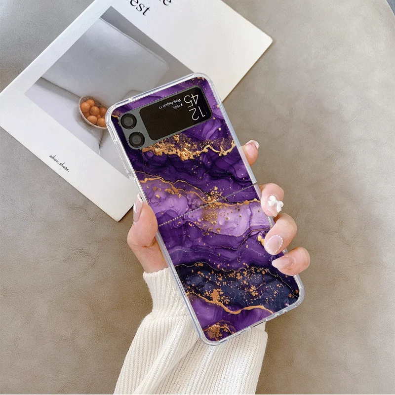 الفاخرة الوردي الأرجواني الرخام نمط شفافة قضية الهاتف لسامسونج غالاكسي Z فليب 7 فليب 6 4 3 غطاء قابل للطي ل Z Flip7 Flip5