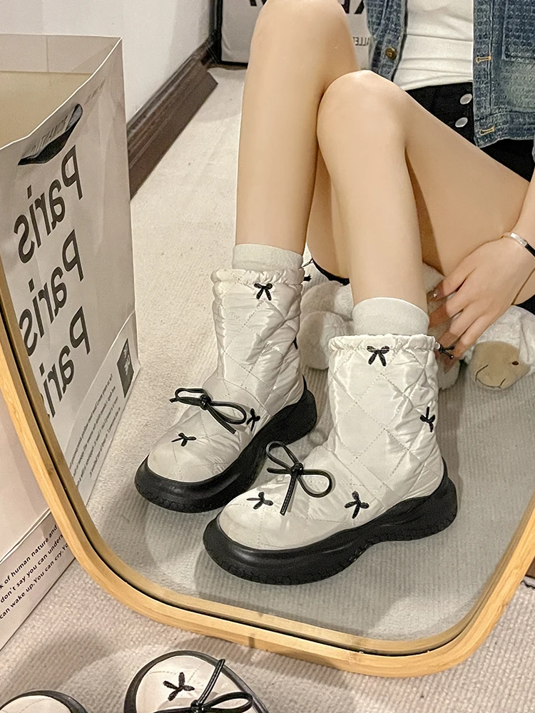 Thick-soled Velvet Short Snow Boots Women's 2024 Winter New Non-slip Round Head Bow Cotton Shoes