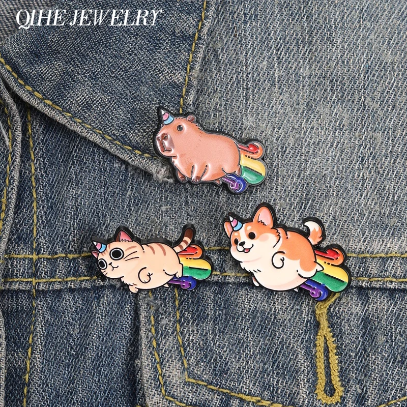 Niedliche Fantasy-Regenbogen-Emaille-Pins: Fliegender Corgi, Katze, Capybara, Kawaii Regenbogen-Tier-Cosplay-Einhorn-Brosche für Rucksack und Kleidung
