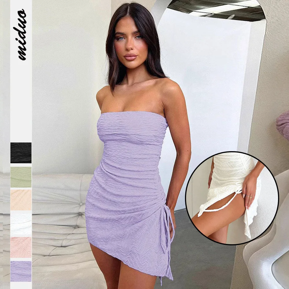 Vintage Dress 2025 Summer New Dress with Pleated Drawstring Boho Dresses Irregular Strapless Design