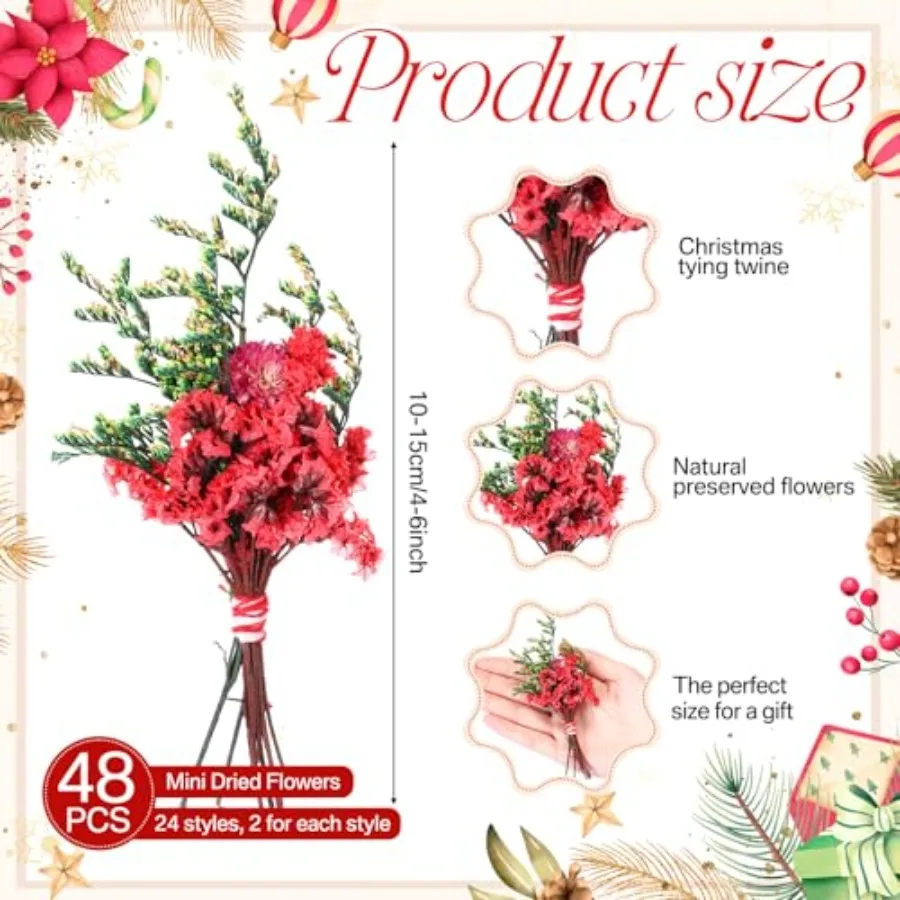48 حزمة 6 بوصة عيد الميلاد باقات الزهور المجففة السائبة الأحمر الأخضر الزهور المجففة مع التوت الجذعي لزهرية DIY إكليل الحرف عيد الميلاد H
