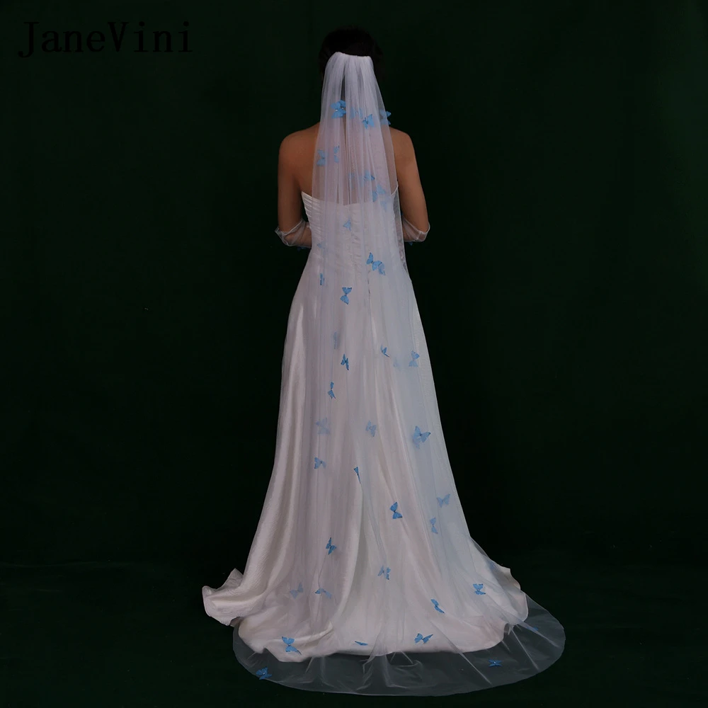 JaneVini 2024 New Blue Butterfly Bridal Veil Long Wedding Veils with Comb Single Layer Ivory Soft Tulle Bride Party Accessories