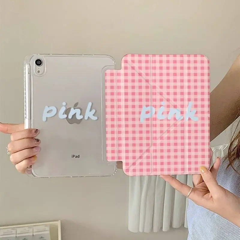 Korean Pink Grid  iPad Case For iPad Pro 11 13in 2025 iPad Pro 12.9in Air7 10th 11th M4/5 Rotate 3y  Anti-fall Tablet Cover