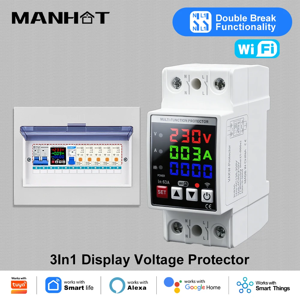 Disjoncteur intelligent Wi-Fi 3-en-1 MANHOT avec affichage, double circuit 2P 63A 220V, protection contre les surtensions/sous-tensions et les surcharges de courant, mesure de l'énergie