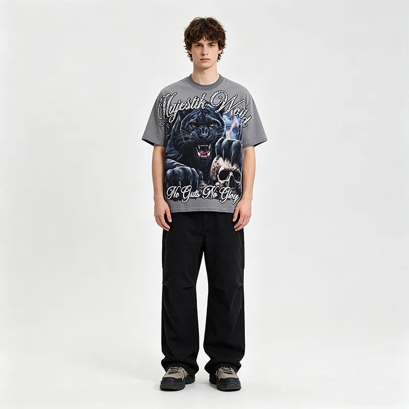 Panther-Schädel Tierdruck T-Shirt für Herren Vintage Gewaschenes Strass-Oberteil Übergroßes T-Shirt Streetwear Baumwolle Rundhals-Kleidung Sommer – Detail 3