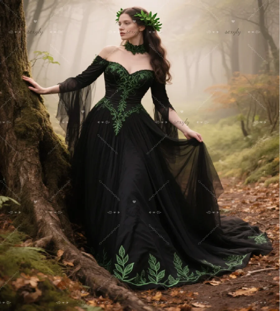 Forest Elf Black Gothic Wedding Dress With Green Lace Tudor Celtic Renaissance Bridal Dress 2026 Lace Off Shoulders Bride Dress