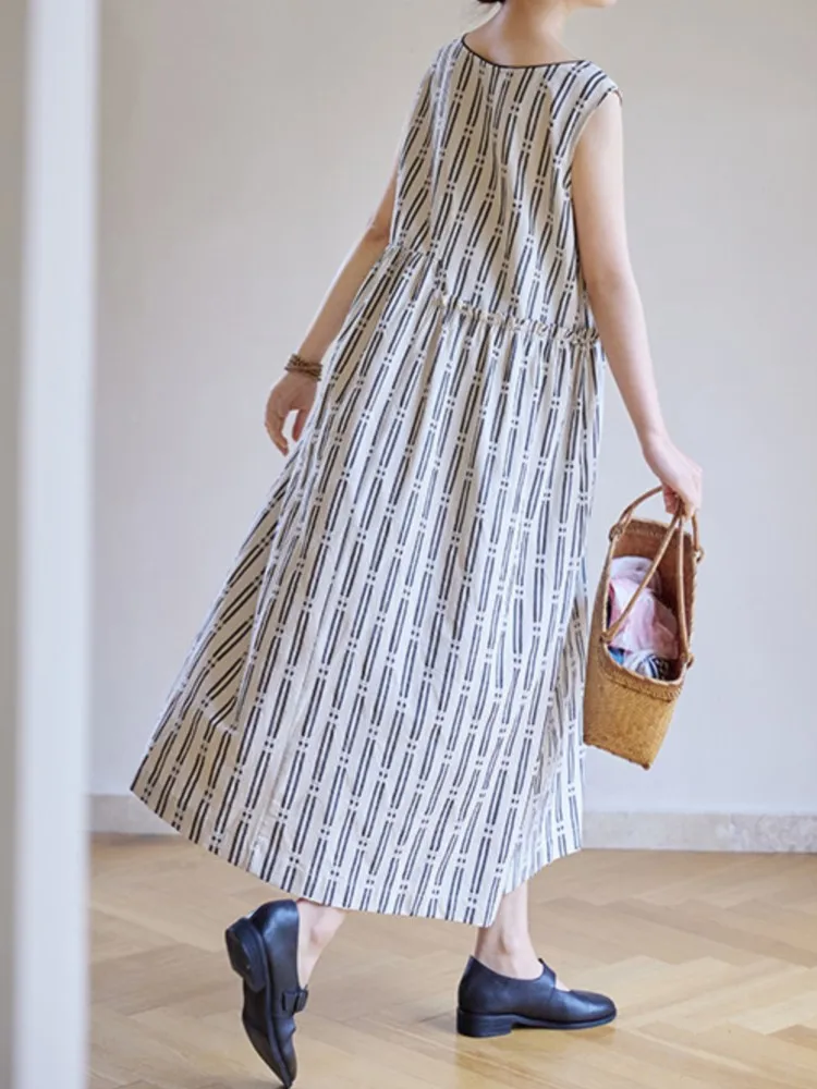 Oversized Sleeveless Vests Summer Striped Print Dress Women Fashion Ruffle Pleated Ladies Dresses Loose Woman Midi Vests Dress