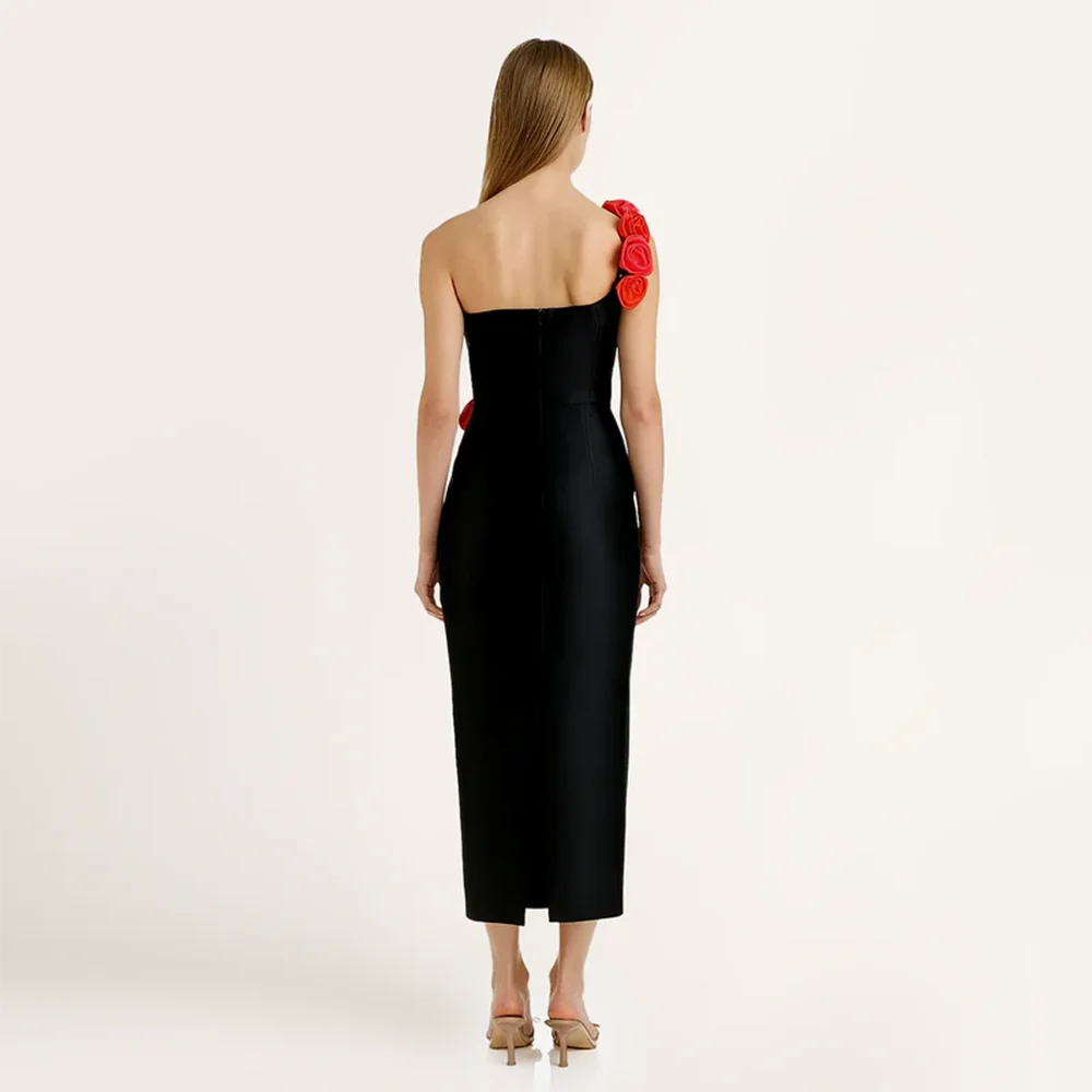 Small Code Straight Evening Dress for Woman Sleevesless Handmade Flower Prom Gown Black Minid Party Dress Customized 2026