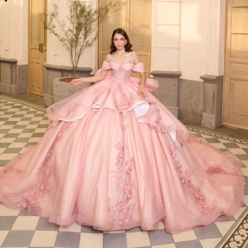 Pink Glitter Quinceanera Dresses Off Shoulder Ball Gown Sweet 16 Dress Applique Flower Beads Bow Tull Party Birthday vestidos 15