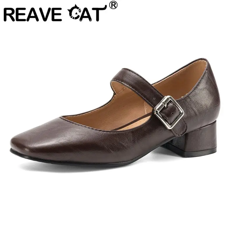

REAVE CAT Brown Women Mary Janes Shoes Square Toe Buckle Strap Office Lady Daily Flats Large Size 42 43 Sweet Handmade Footwear