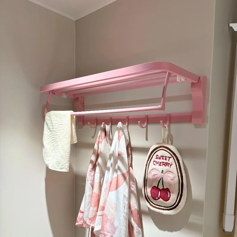 Sakura Pink Bathroom Shelf, No-Drill Towel Rack, Stainless Steel Folding Bar, Bathroom Organizer with Hooks