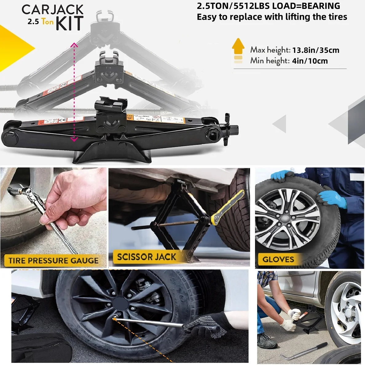 2.5 طن سيارة جاك كيت مقص جاك 5511 رطل الإطارات جاك أداة العالمي سيارة طقم الطوارئ مع العروة وجع الإطارات تغيير لسيارة SUV #3