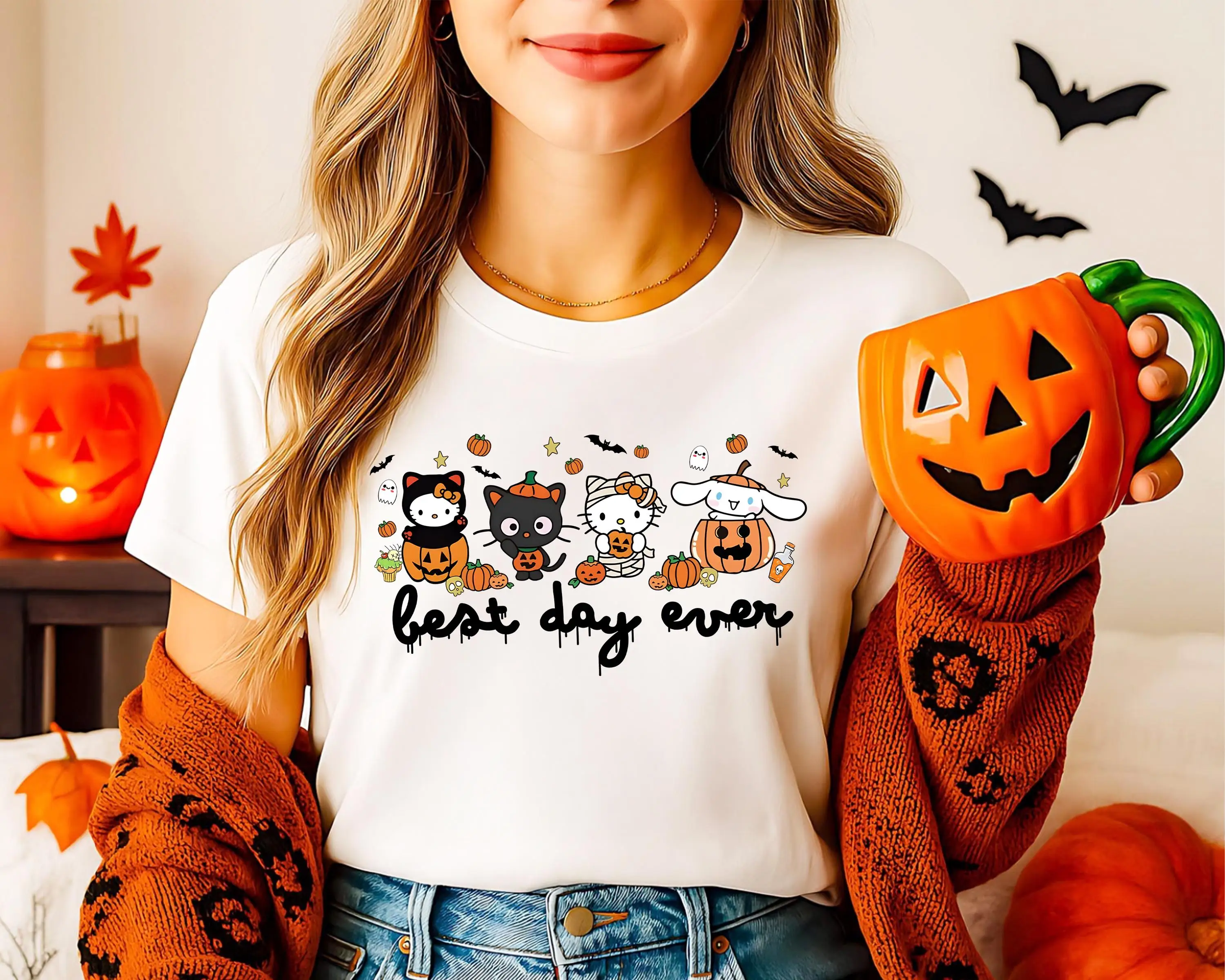 Hello Kitty Halloween Shirt: Ghost Cat Pumpkin T-shirt Women Kids Design High-quality Halloween Costumes with Fashionable Styles
