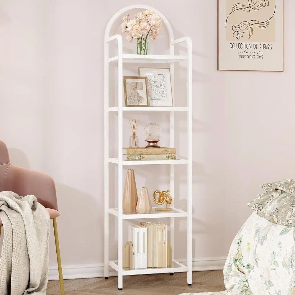Bookcase Tempered Glass Bookshelves, Slim Shelving Unit for Bedroom, Bathroom, Home Office, Steel, 5 Tier White BC05099W