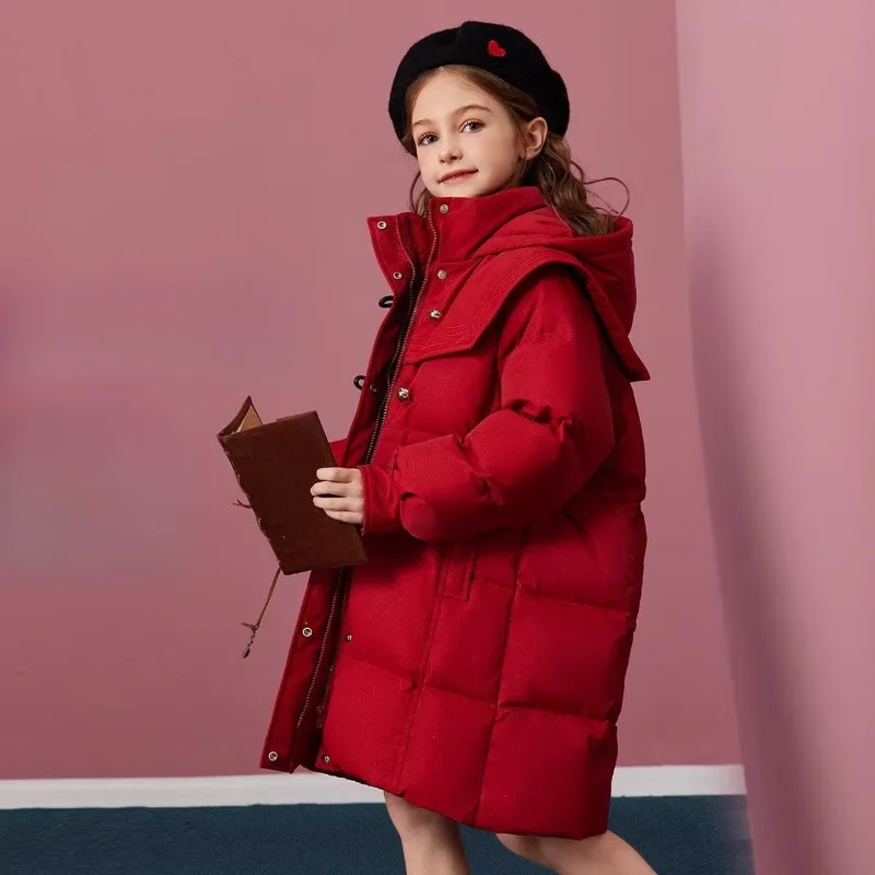 

Girls' 2025 New Winter Coat Down-Filled Hooded Mid-Length Cotton Jacket Stylish Casual Kids' Thermal Wear Outerwear Trendy