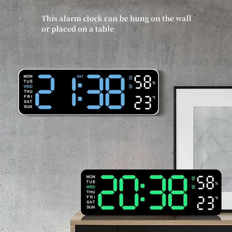 9Inch Large Digital Wall Clock USB Powered TEMP Humidity Week Auto Dimmer DST Table Clock 12/24H Electronic LED Alarm Clock