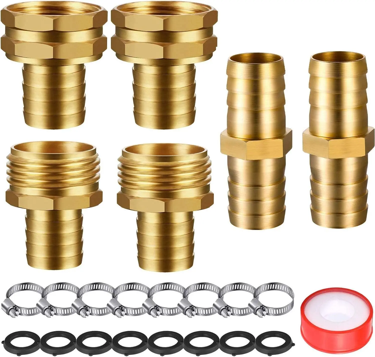 

4 Pack 3/4 Inch Solid Brass Garden Hose Mender with Clamps, Gaskets and Tape for Hose Repair