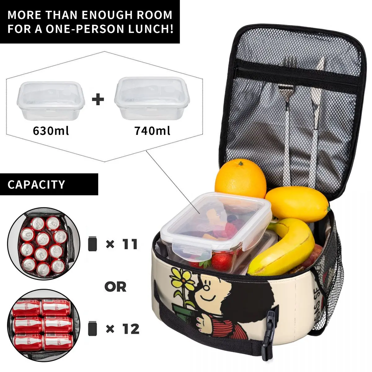 Mafalda e Flower Pot borse per il pranzo isolate termicamente per il viaggio Quino Cartoon Portable Food Bag Thermal Cooler Lunch Box