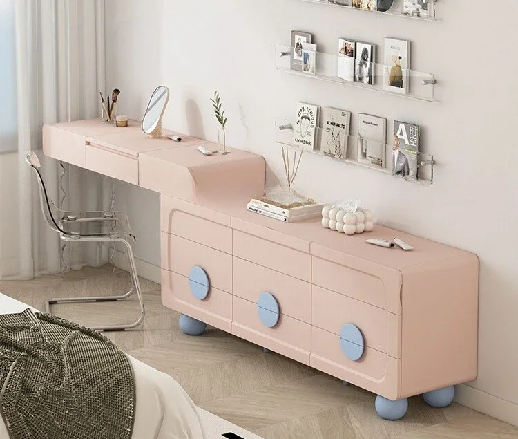 

1Nine-Drawer Cabinet Integrated Dressing Table Large Capacity Storage Makeup Table Solid Wood Pink Customization