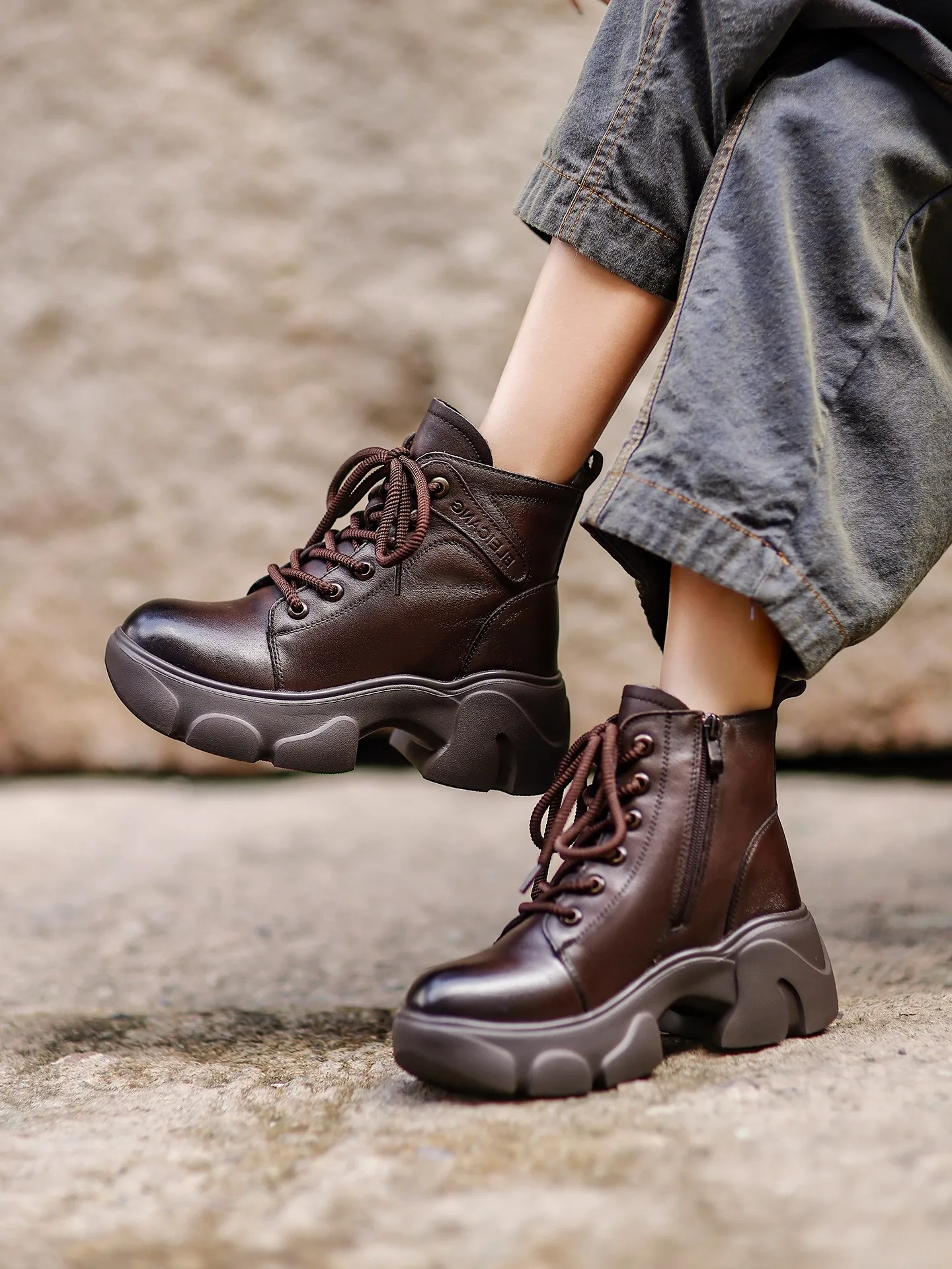 

GKTINOO Wool Warm Genuine Leather Short Boots 2025 Winter New Vintage Platform Ankle Boots Thick Soled Wedges Women's Shoes