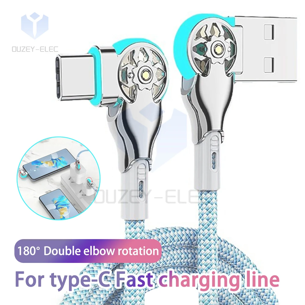 1M/2M 65W Fast Charging Cable 180 Degree Elbow Rotation Type C Cable with Light Zinc Alloy Braided Data Cable USB Micro Charger