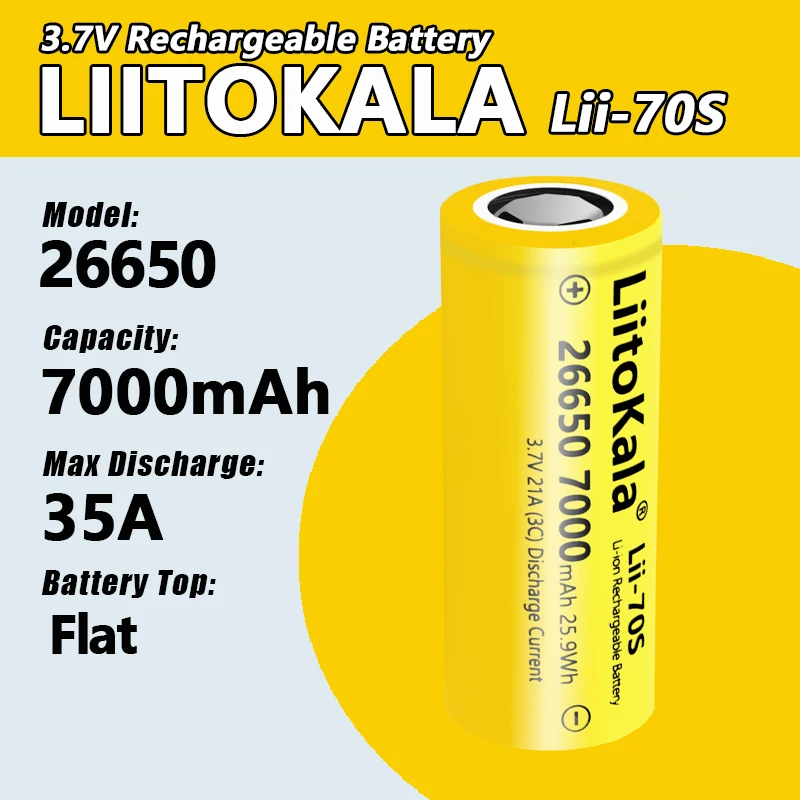 1-40pcs LiitoKala Lii-70S 26650 7000mah lithium battery 3.7V 7000mAh 26650 70S rechargeable battery suitable for flashligh