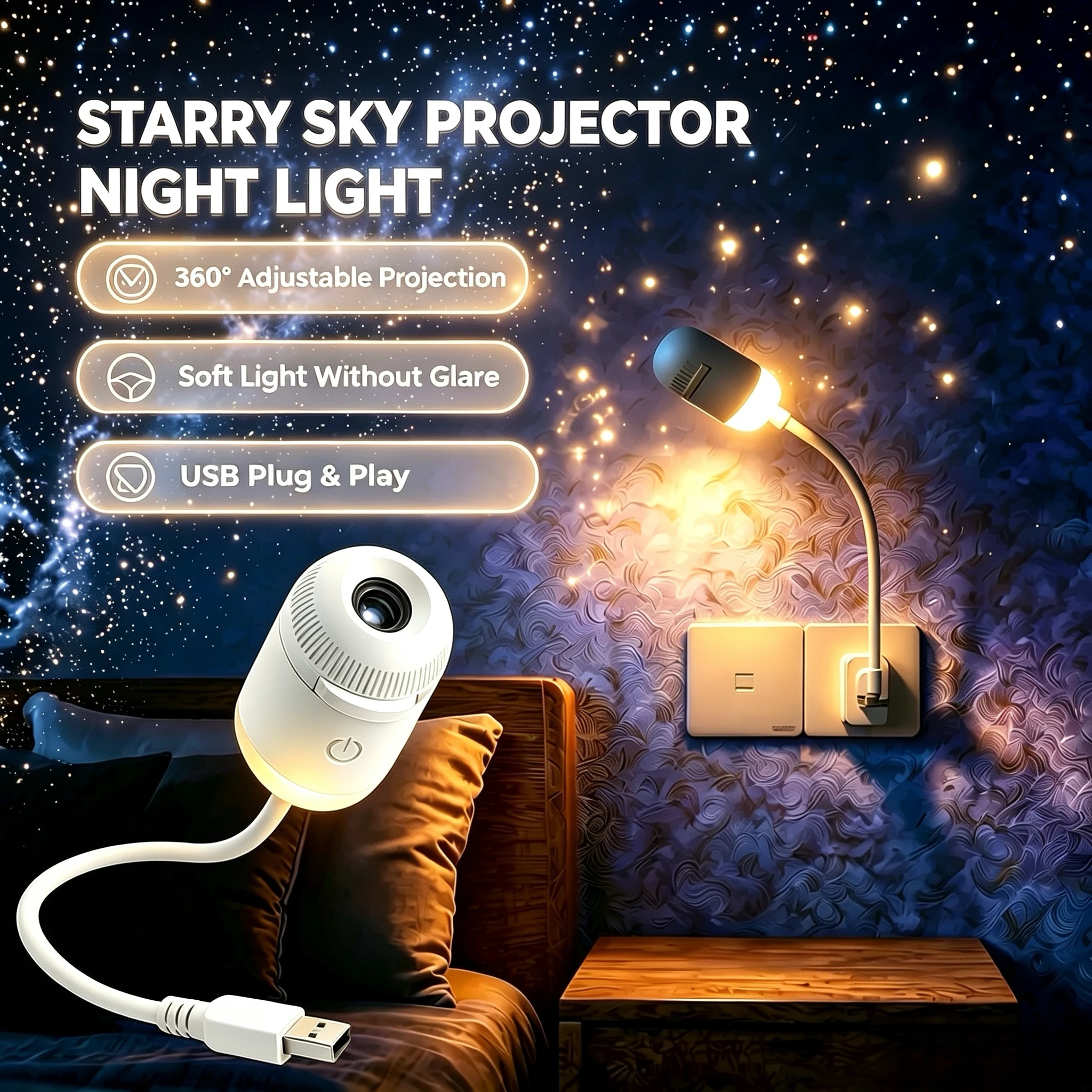 Galaxy Star Projector, 2-in-1 Portable Lamp with 12 Slides, 360° Adjustable Eye-Care LED Night Light for Bedroom Car Decor Gift