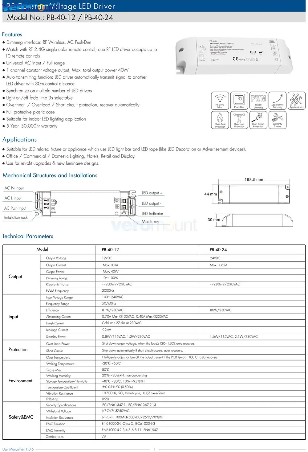 LED Driver Dimmable Constant Voltage 1CH 40W 70W RF 2.4G Wireless Remote Controler AC 110V 220V to DC 12V 24V LED Dimming Driver