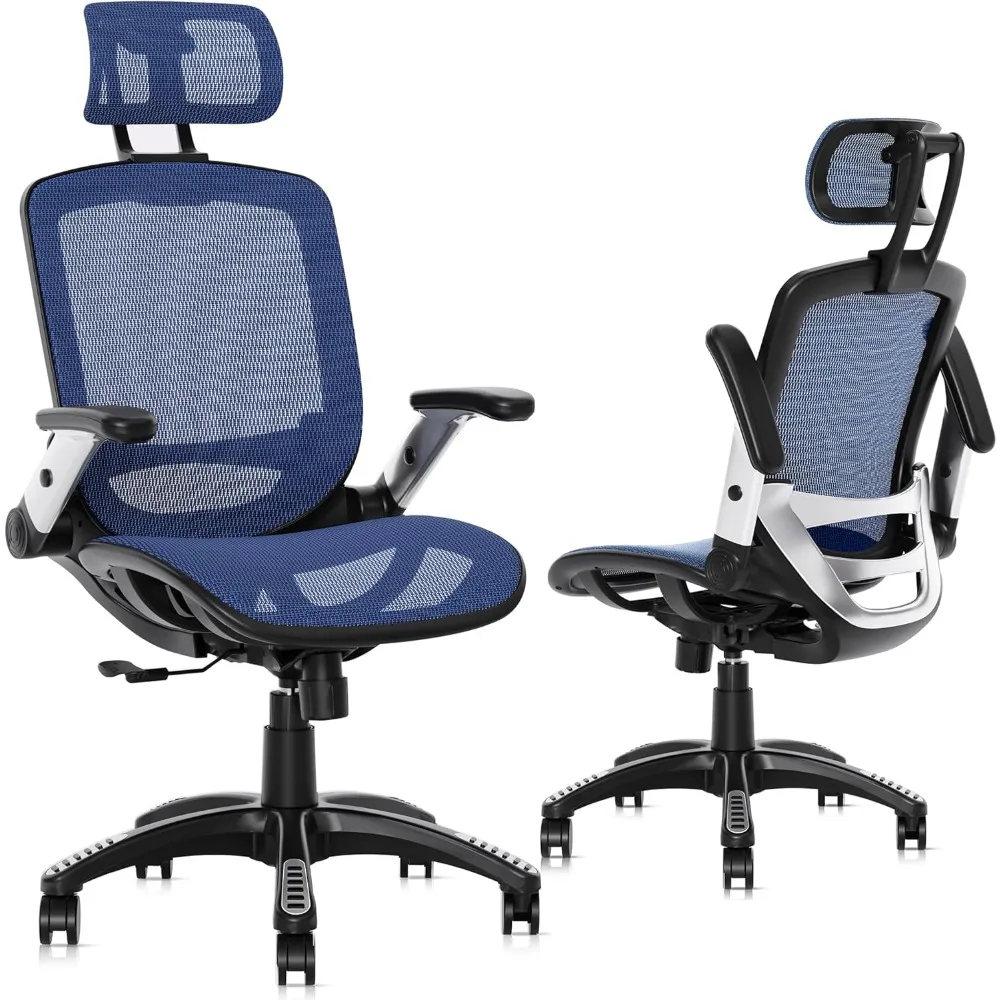 High Back Mesh Desk Chair with Adjustable Headrest, Flip-Up Arms, 90-120° Tilt Lock, Lumbar Support and Comfy Seat, Blue