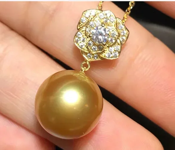 Luxury Huge 12-13mm Genuine Gold Perfect Round Pearl Pendant Necklace Women Jewelry Wedding Party Gift 925 Sterling Silver AAA