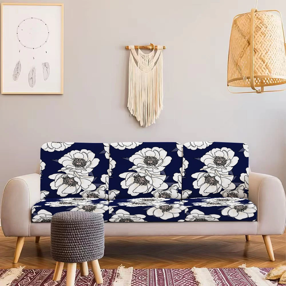 Summer Outdoor Sofa Cover with White Floral Print on Navy, Milk Silk Fabric, Elastic Fit, Pet - Friendly,