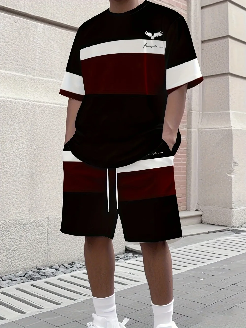 Fashionable men's summer spliced printed pattern breathable round neck T-shirt shorts set outdoor casual two-piece set