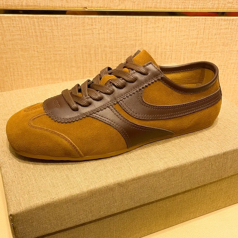 New Men Genuine Leather Casual Shoes Street Cool Striped Flat Skate Shoes Lace-up Sneaker