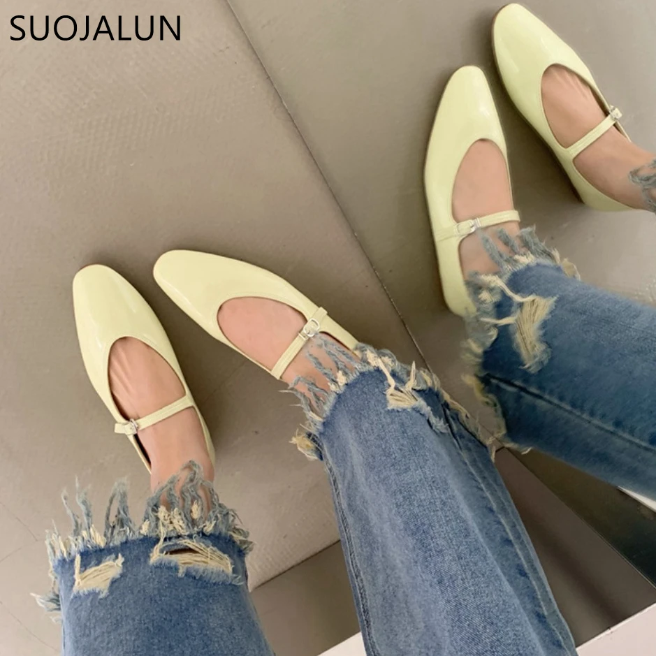 SUOJIALUN 2023 Summer New Women Flat Shoes Fashion Shallow Ladies Casual Soft Mary Jane Shoes Outdoor Dress Flat Ballet Shoes